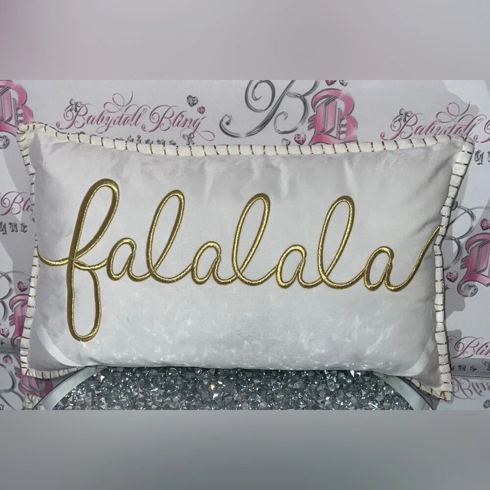 Falalala pillow Christmas decor white gold shimmer embroidered XMAS holidays